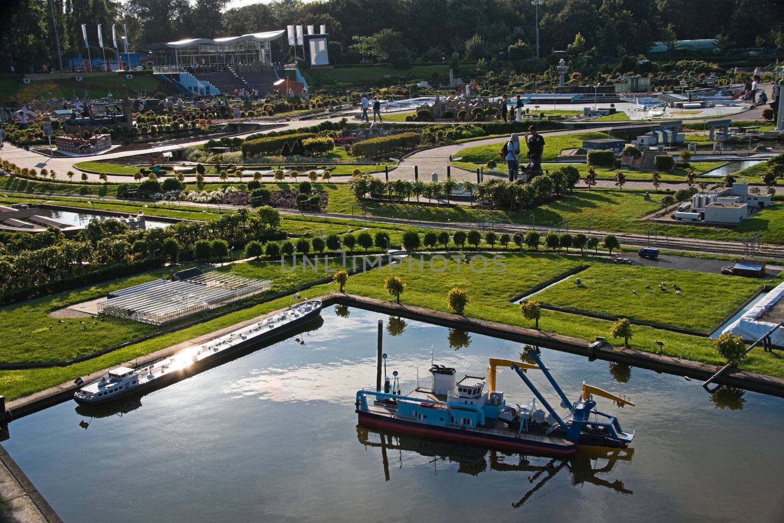 THE HAGUE, THE NETHERLANDS-JULI 2007: Madurodam, miniature city by evening light with architecture and typical Dutch scenes on a scale 1:25. Juli 22, 2007, The Hague, The Netherlands. 