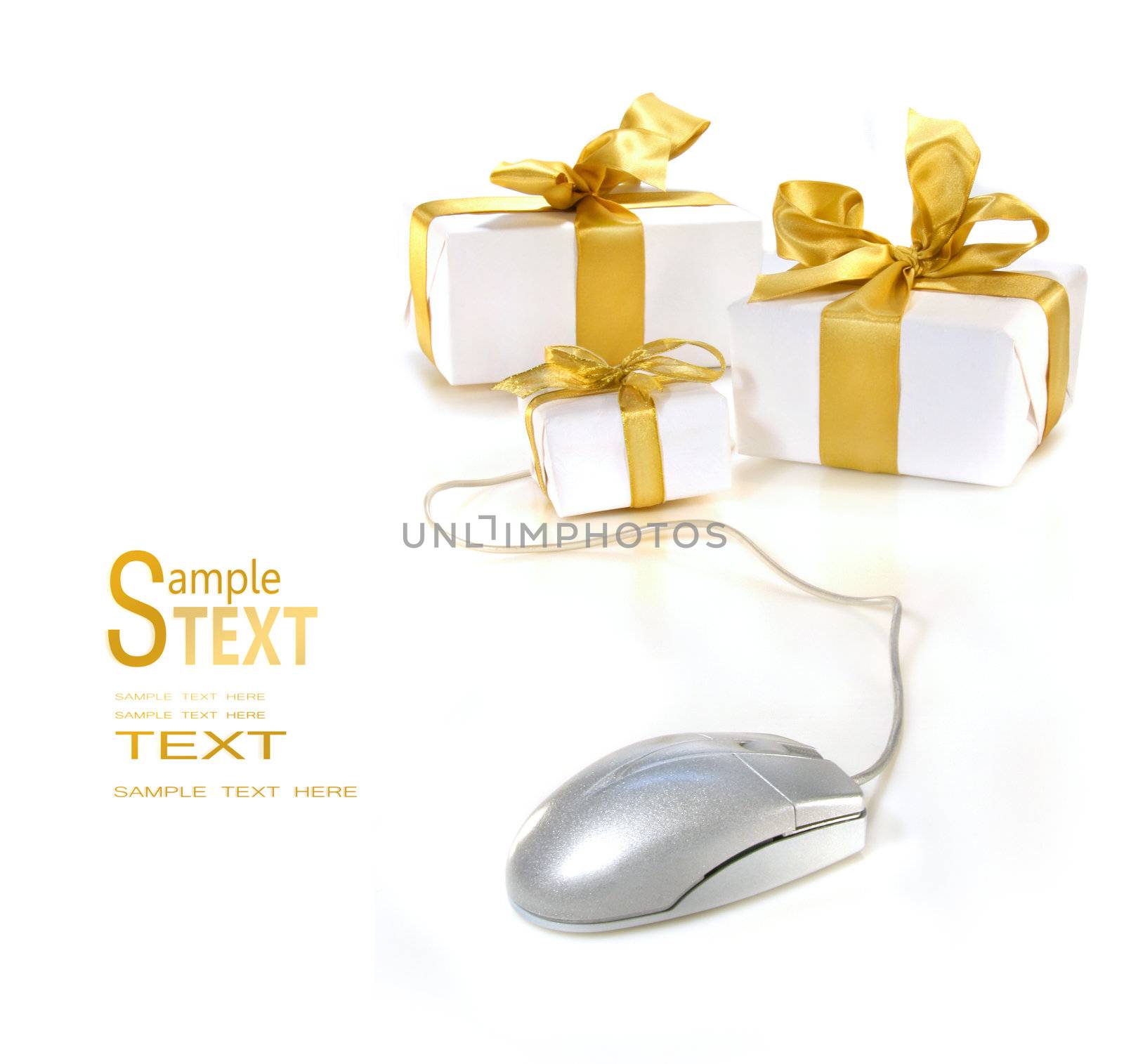 Computer mouse with gold ribboned gifts for online shopping of birthday or christmas ideas