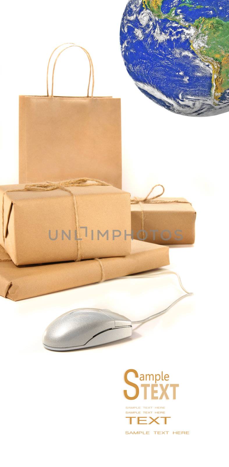 Parcel packages with computer mouse on white background
