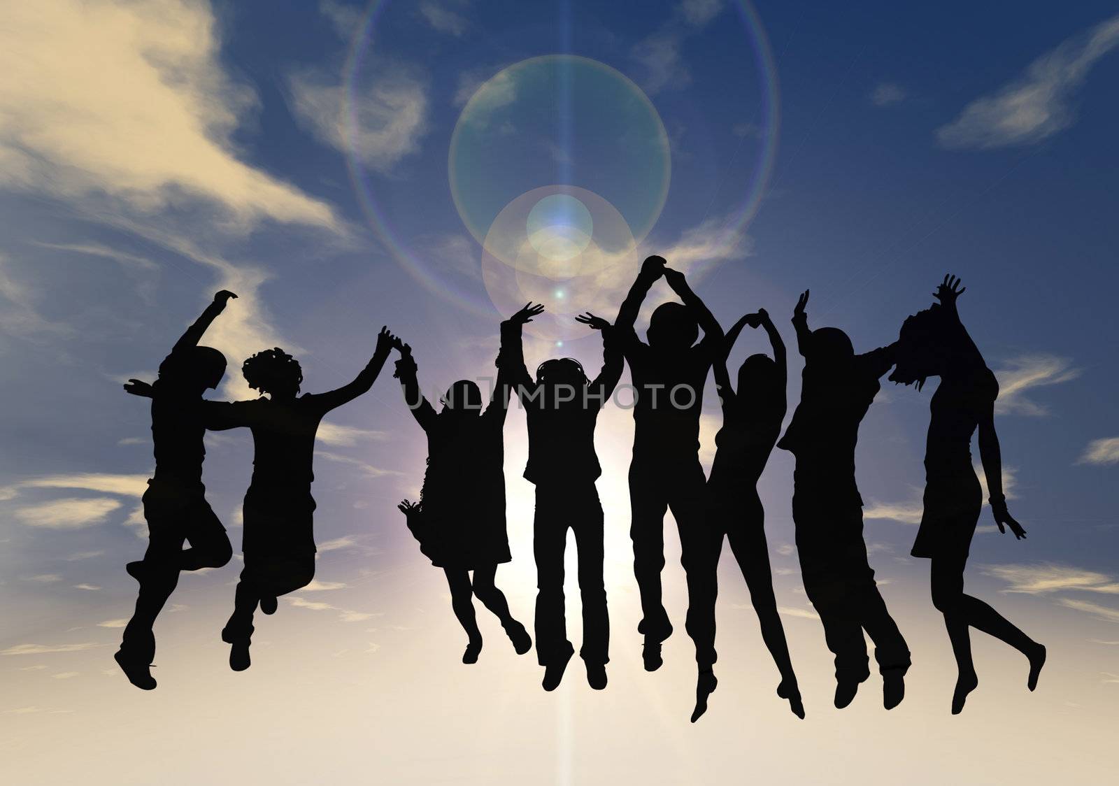 Silhouette of a group of young people jumping with sky background