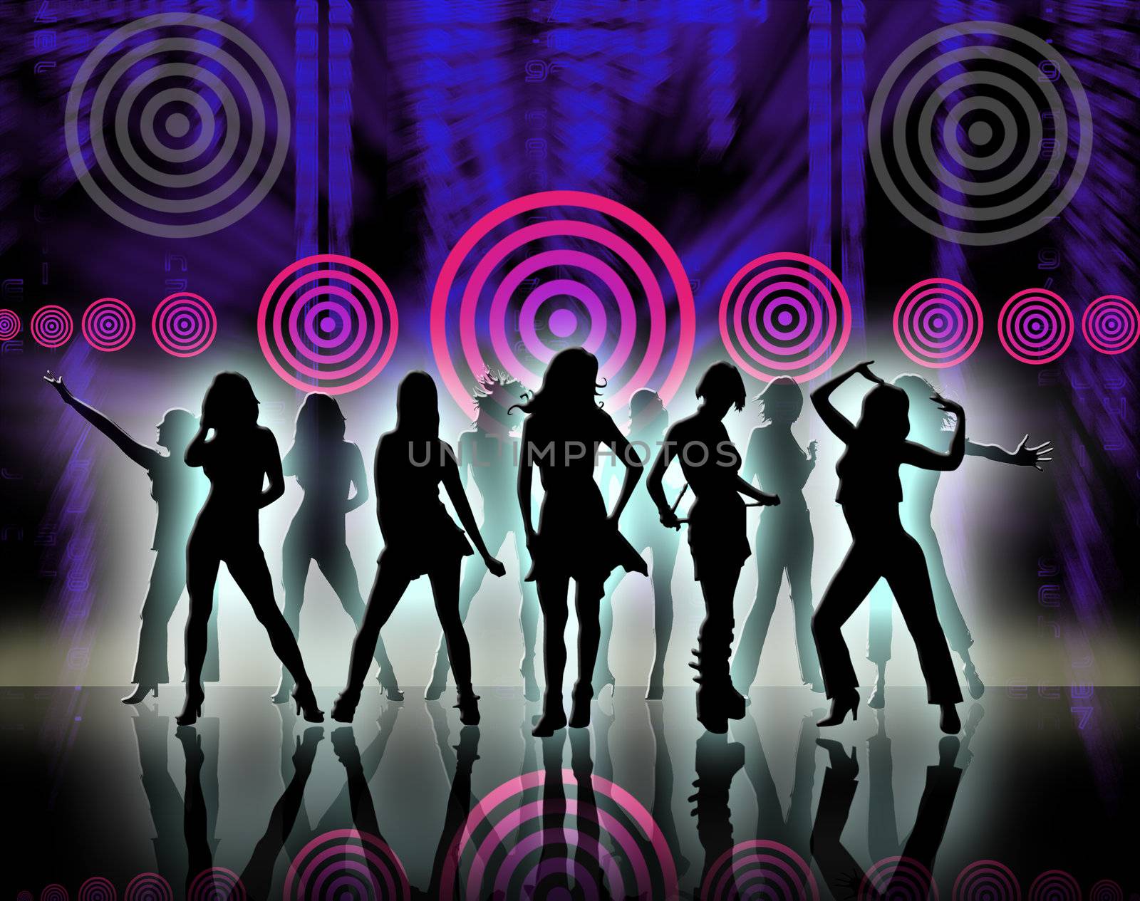Silhouettes of pretty women dancing over abstract background