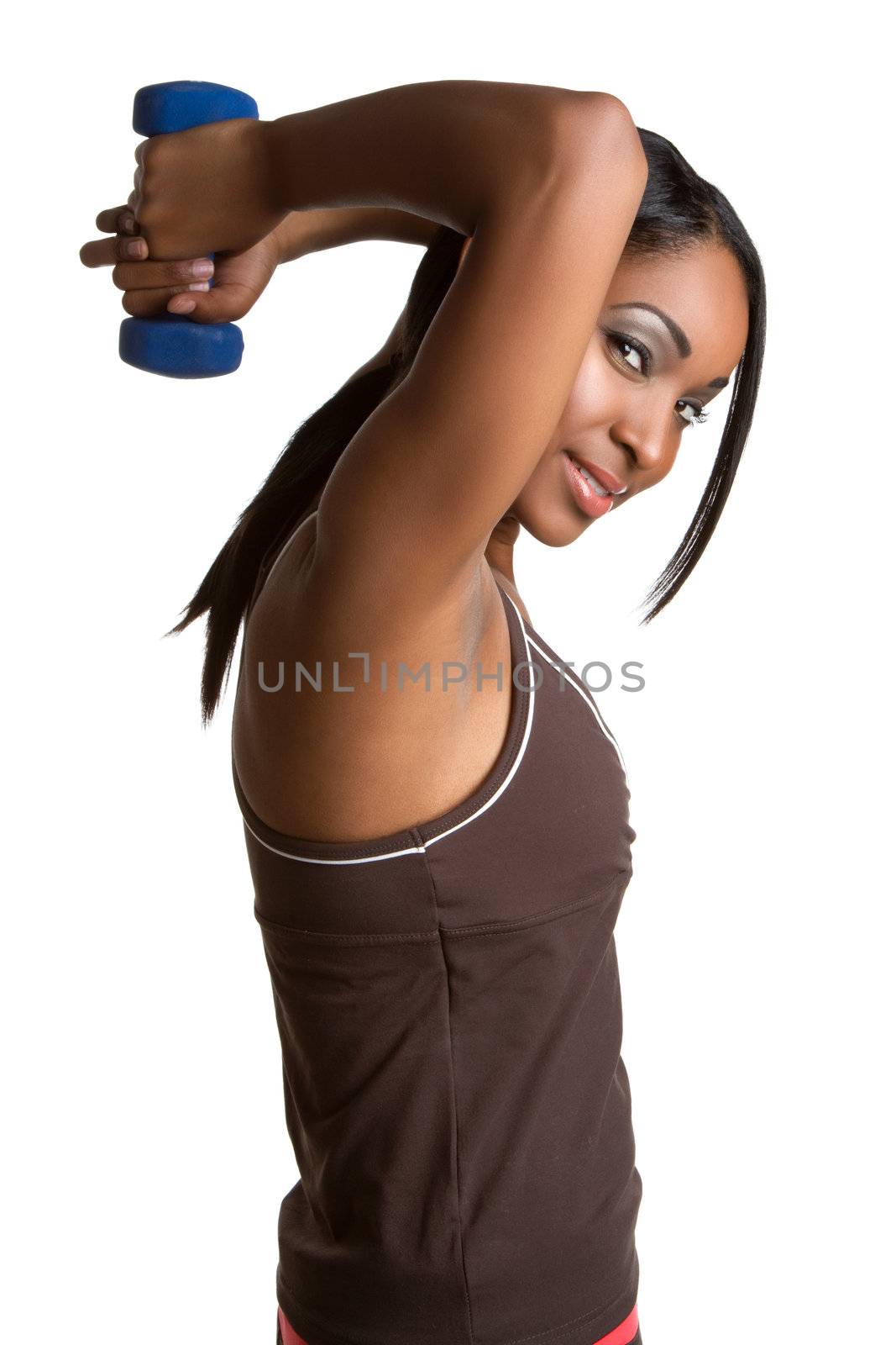 Exercising black woman lifting weights