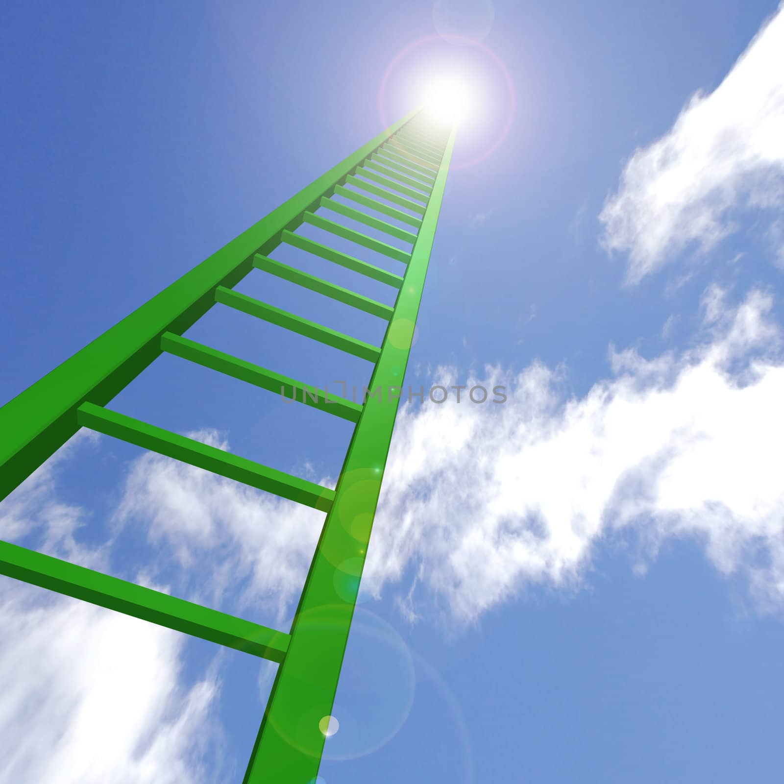 A green ladder reaching up to the sky.