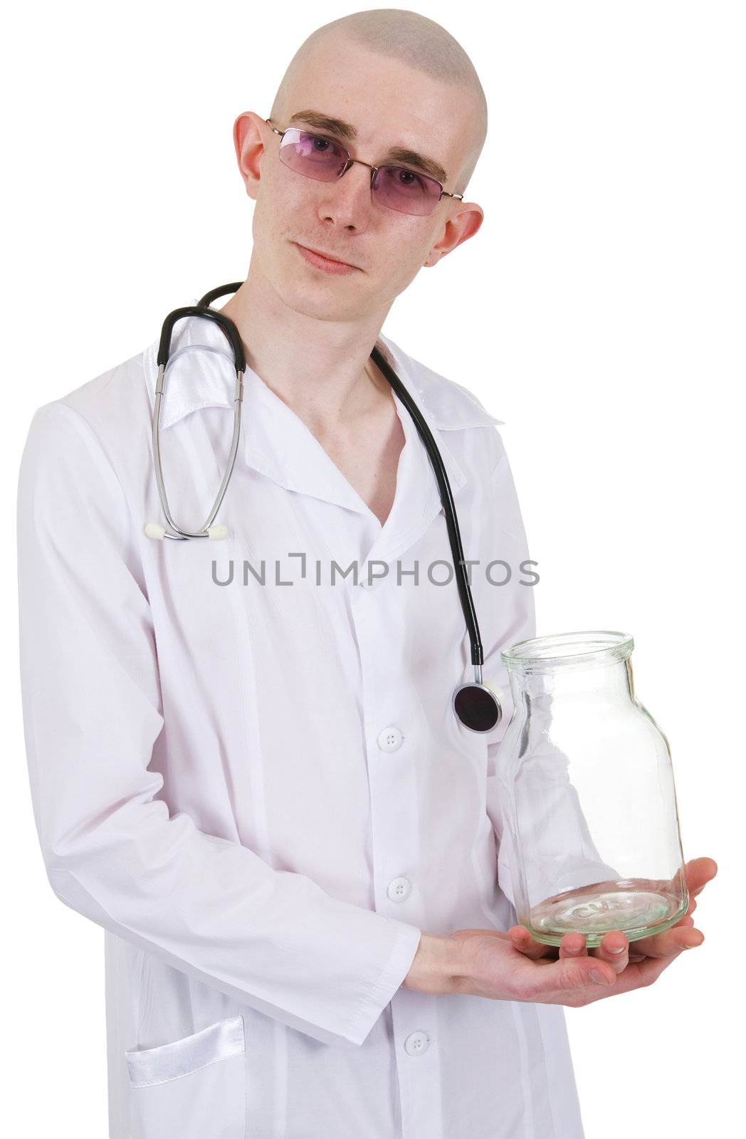 Man in white doctor's smock keeps in hand to glass jar