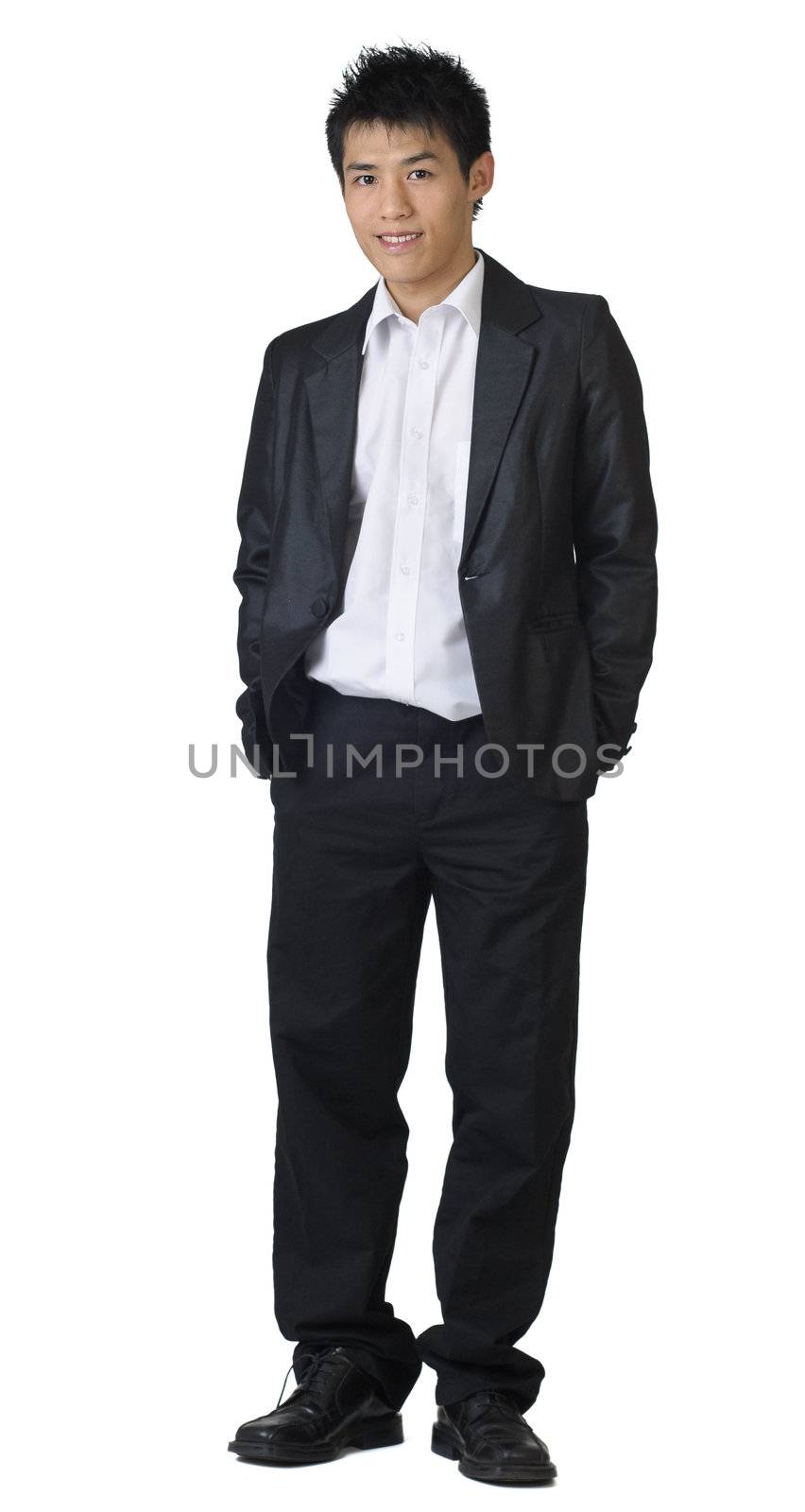 Full length of young Asian business man stand on white background.
