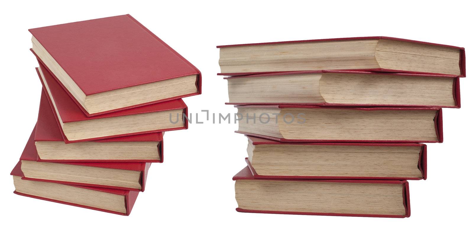 Two piles of red books isolated on white background.