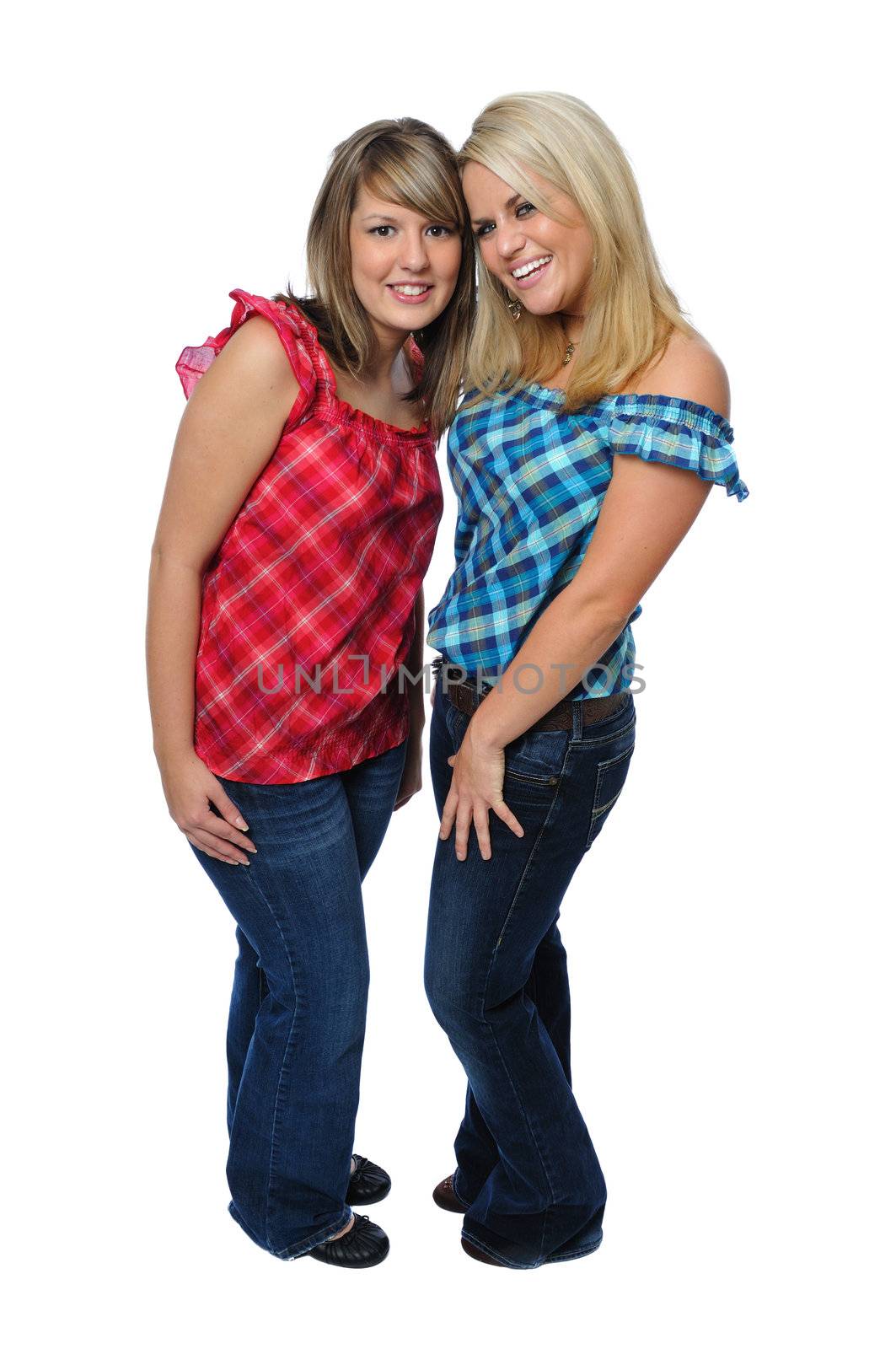 two friends posing together on a white background