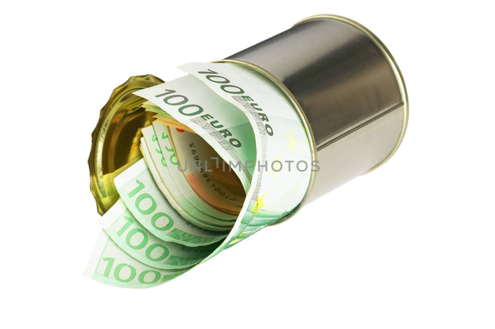 euro bills on a tin can over white background