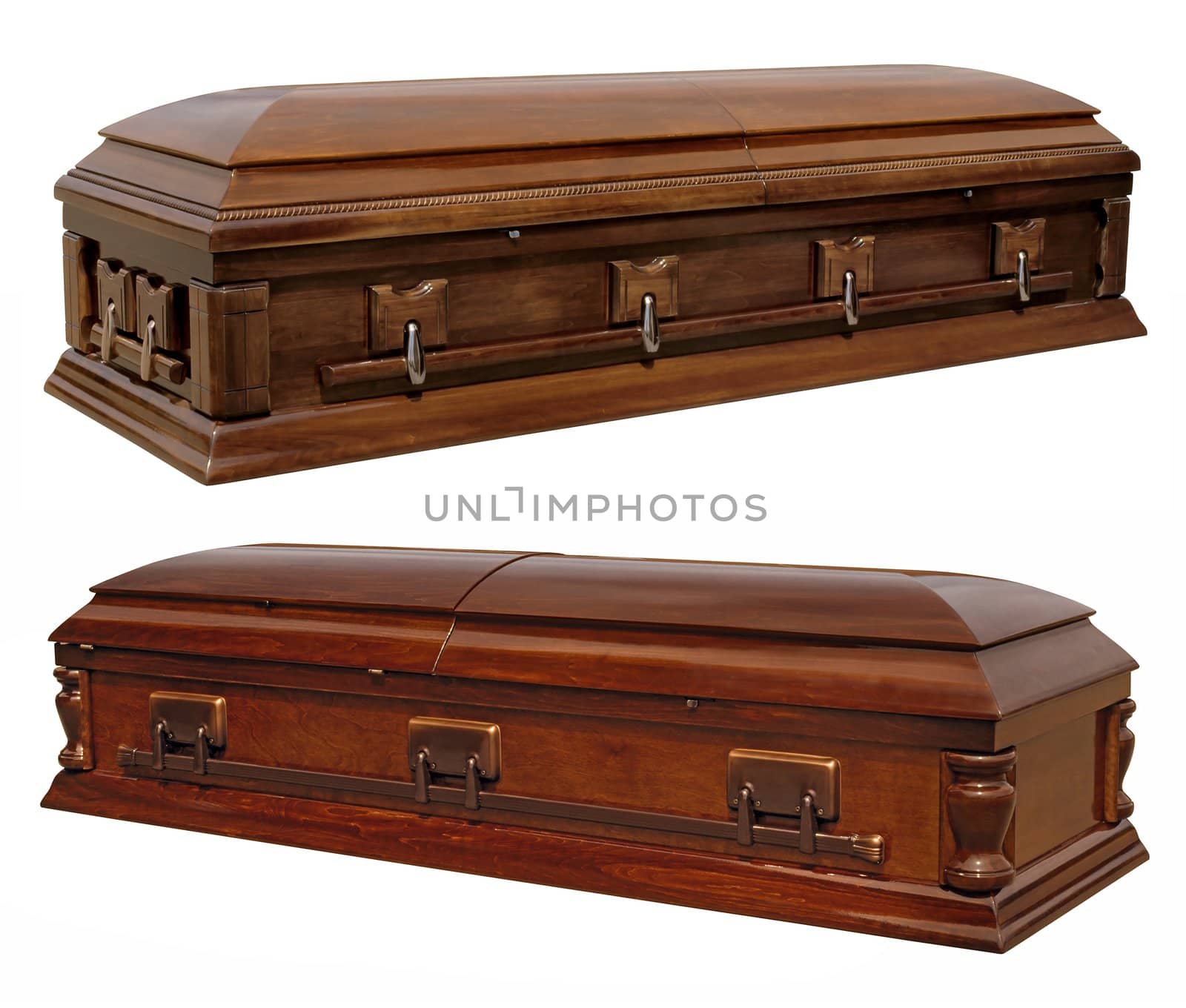 Photographs of two wooden coffins isolated on white.  Clipping paths included.