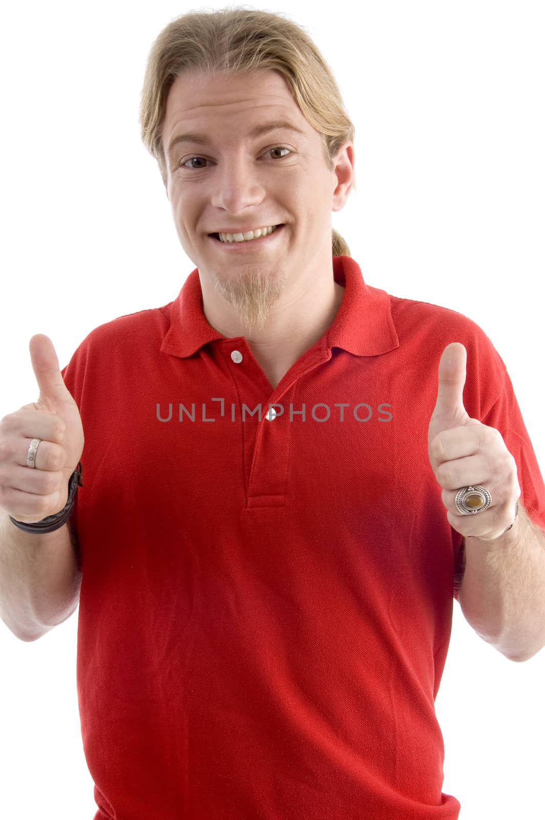 happy male showing both thumbs up on an isolated white background