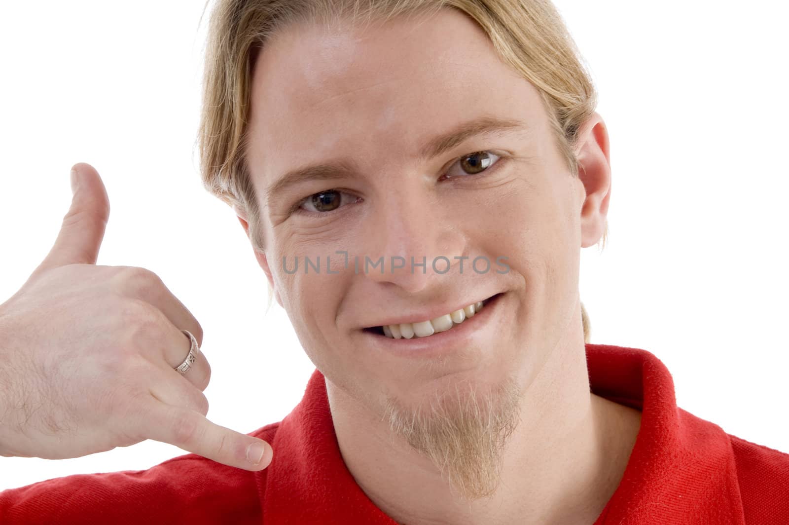 close up of male showing talking hand gesture on an isolated background