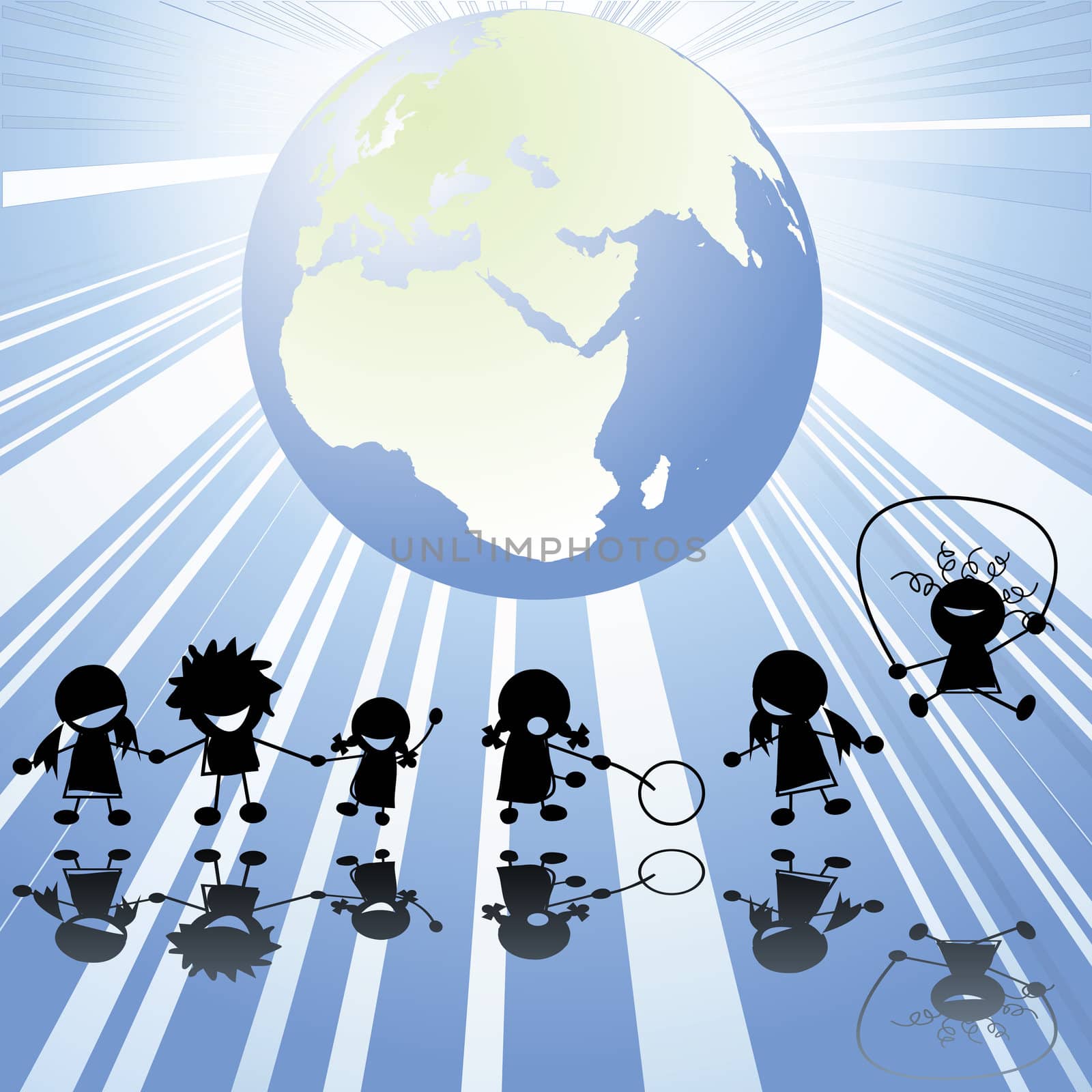 Children silhouettes and Earth globe