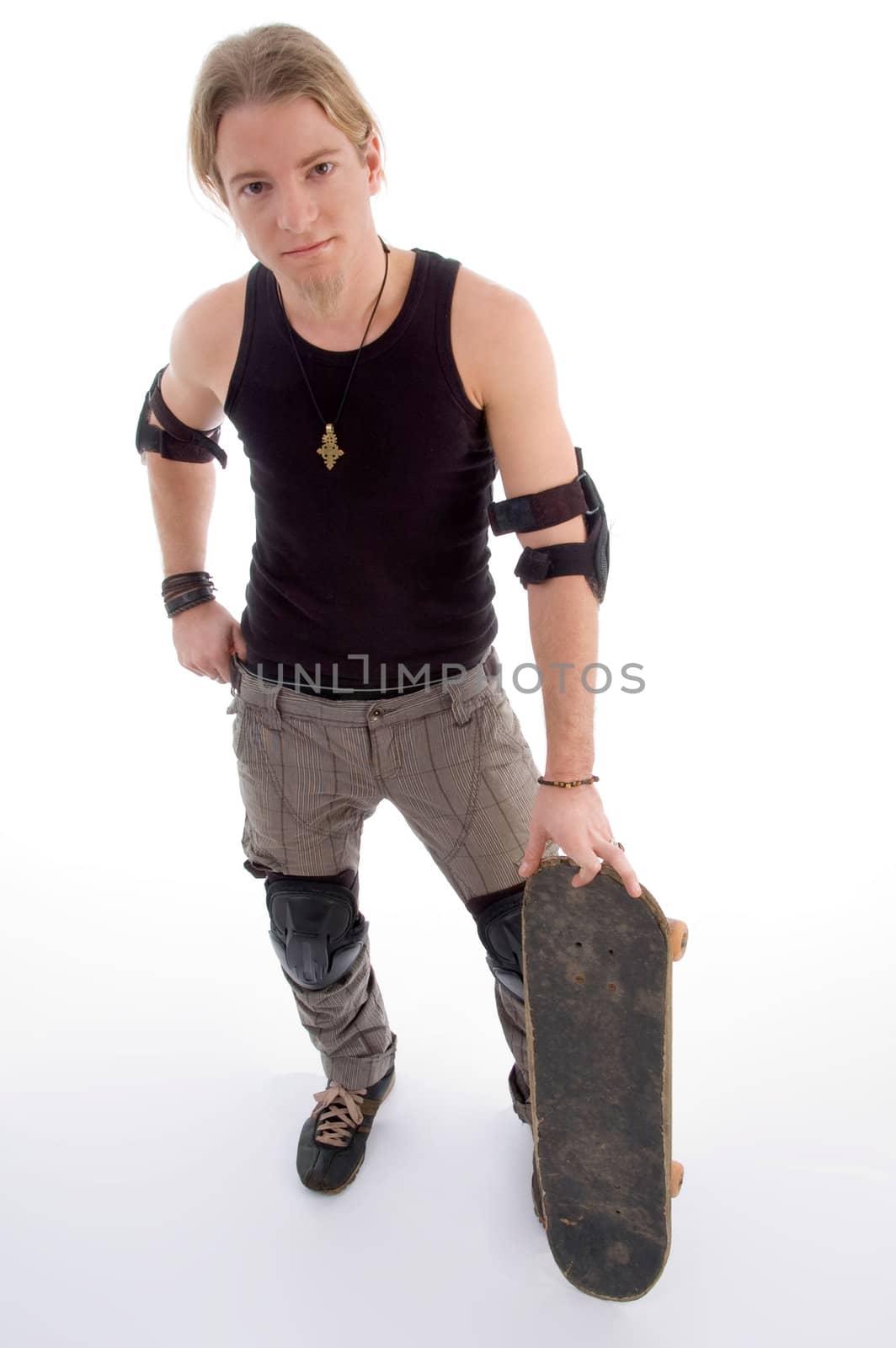 handsome guy standing with skateboard on an isolated background