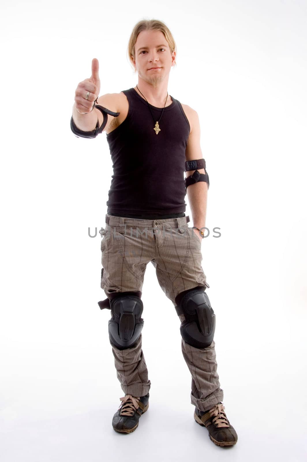 young fashionable man showing thumbs up with white background