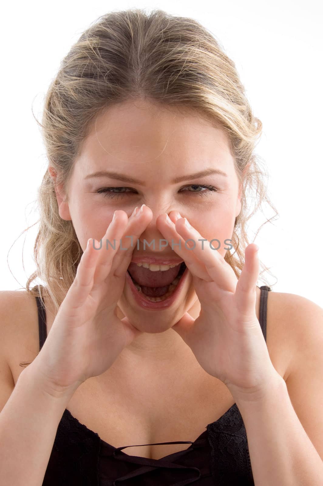 young pretty female calling with white background