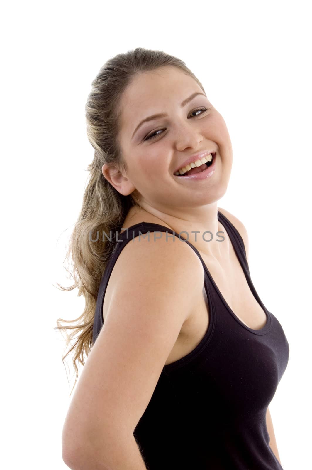 side view of smiling girl against white background