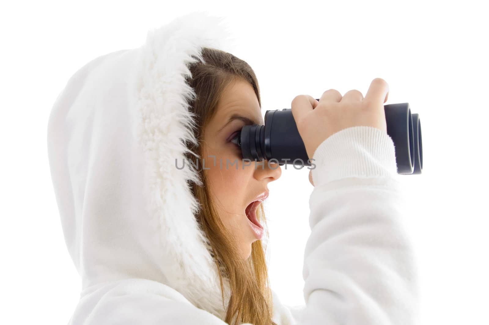 astonished female watching through binocular by imagerymajestic