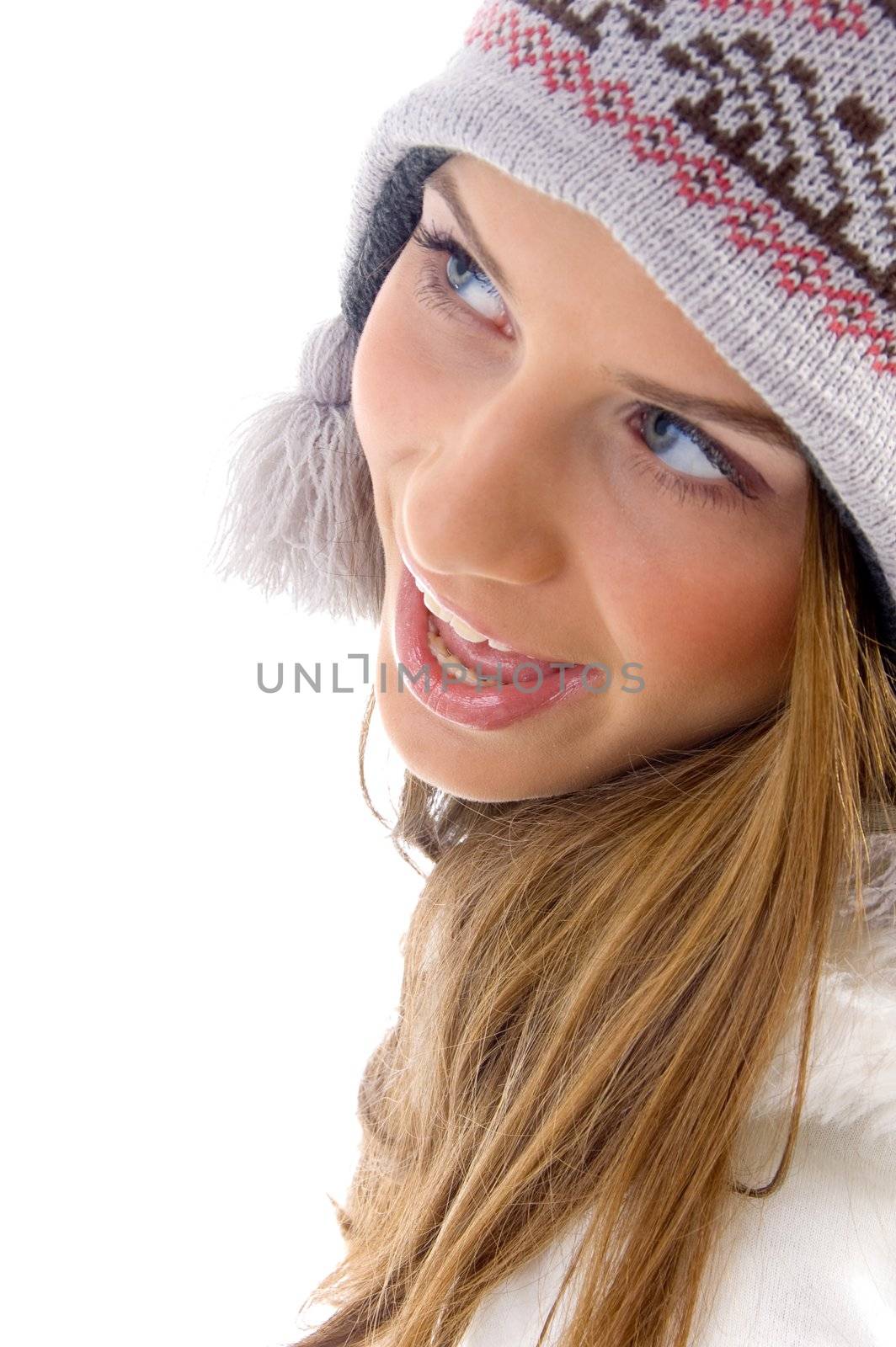 close up of happy female on an isolated white background