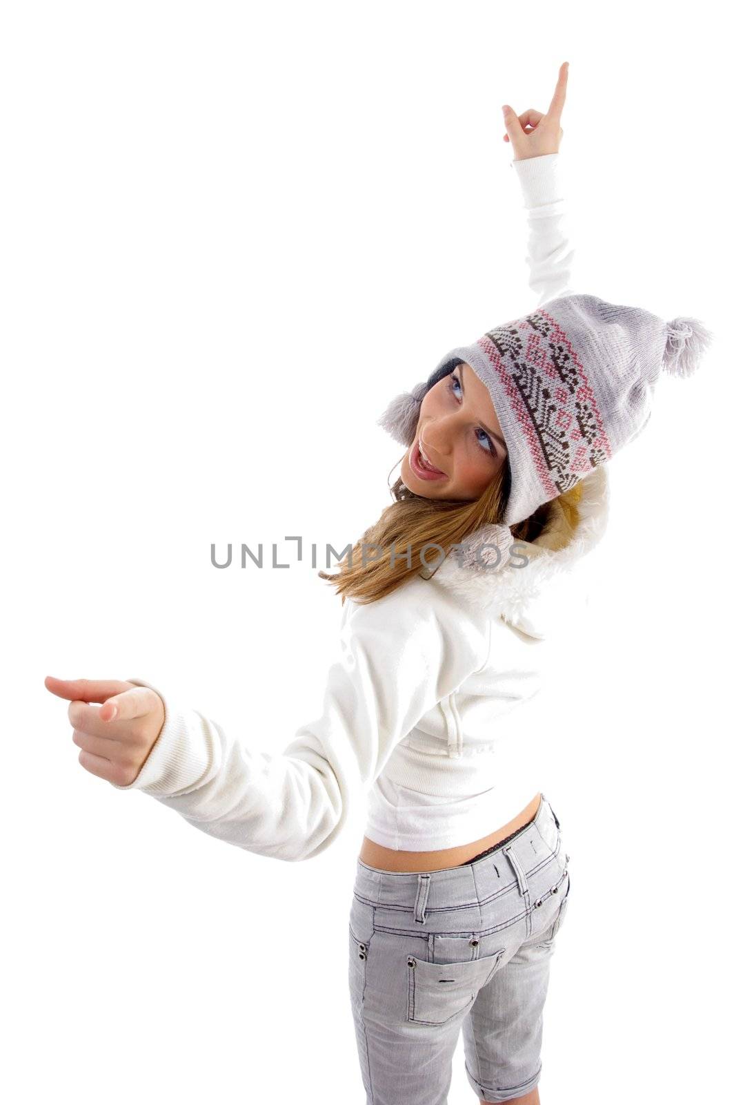 female pointing with both hands with white background