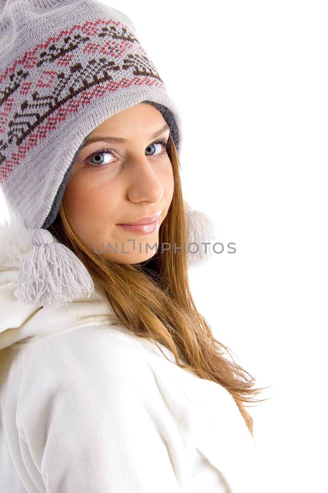 attractive young female looking at camera on an isolated background