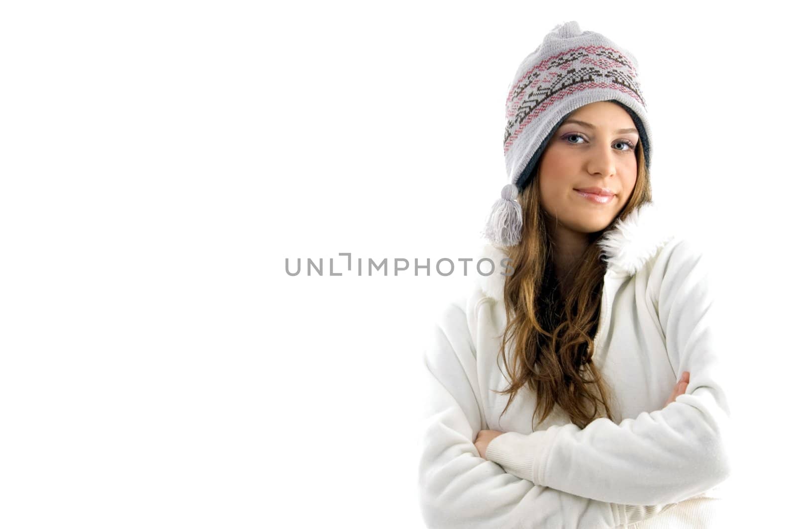 gorgeous female looking at camera against white background