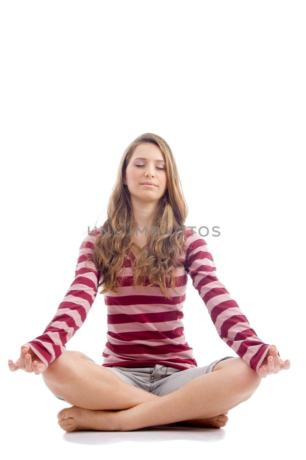 female doing meditation on an isolated white background