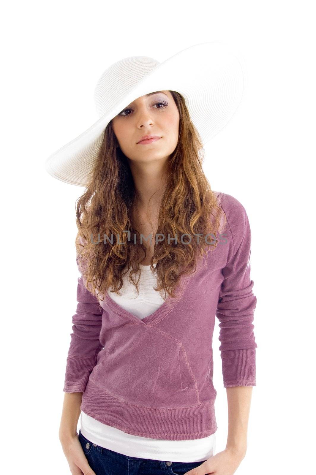 standing model with hat with white background