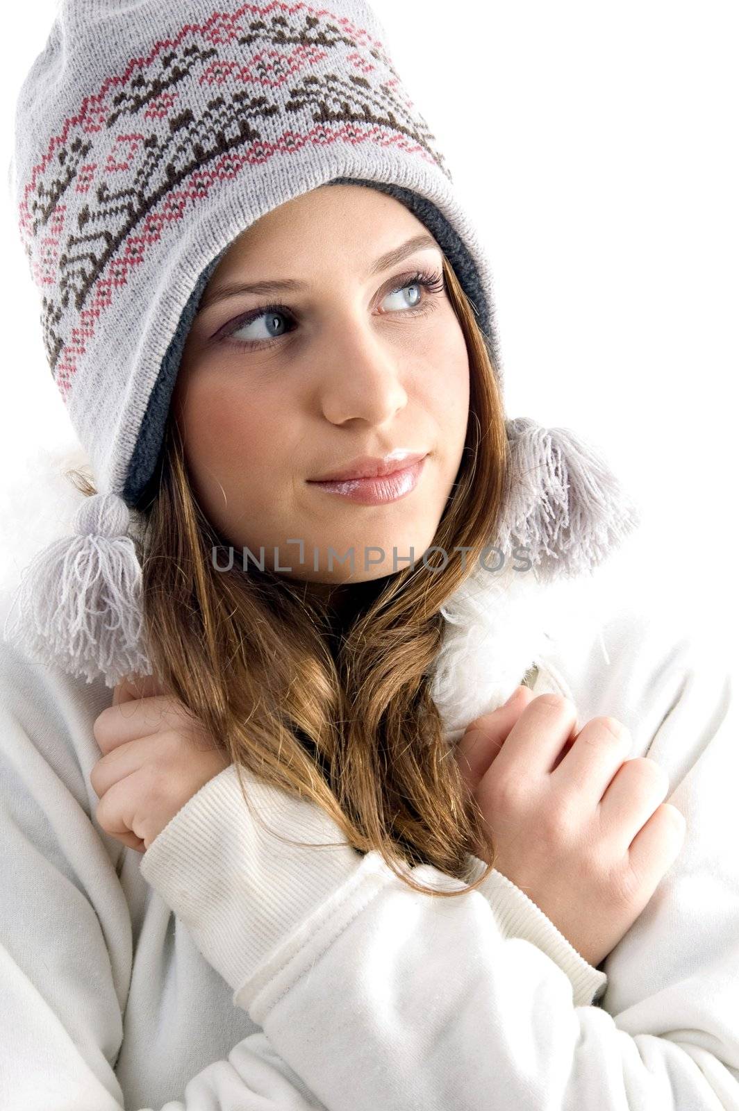 female shivering by cold on an isolated white background