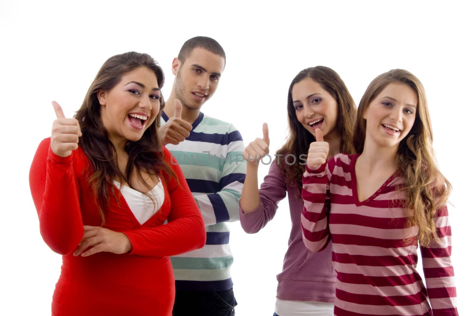 a group of smiling people with thumbs up with white background