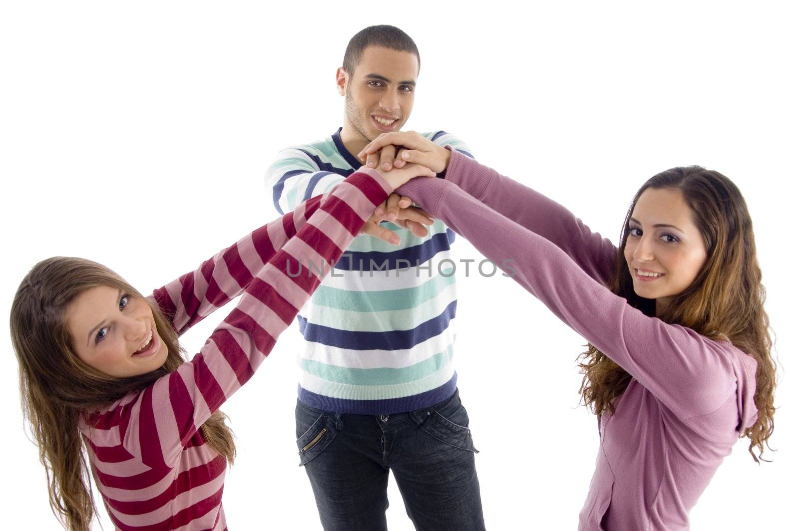 friends with raised arms on an isolated background