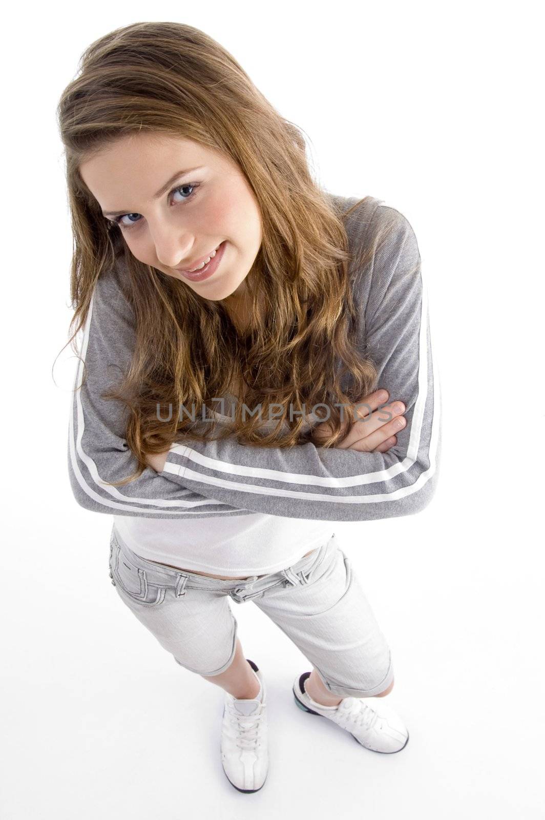 high angle view of smiling female looking at camera on an isolated white background