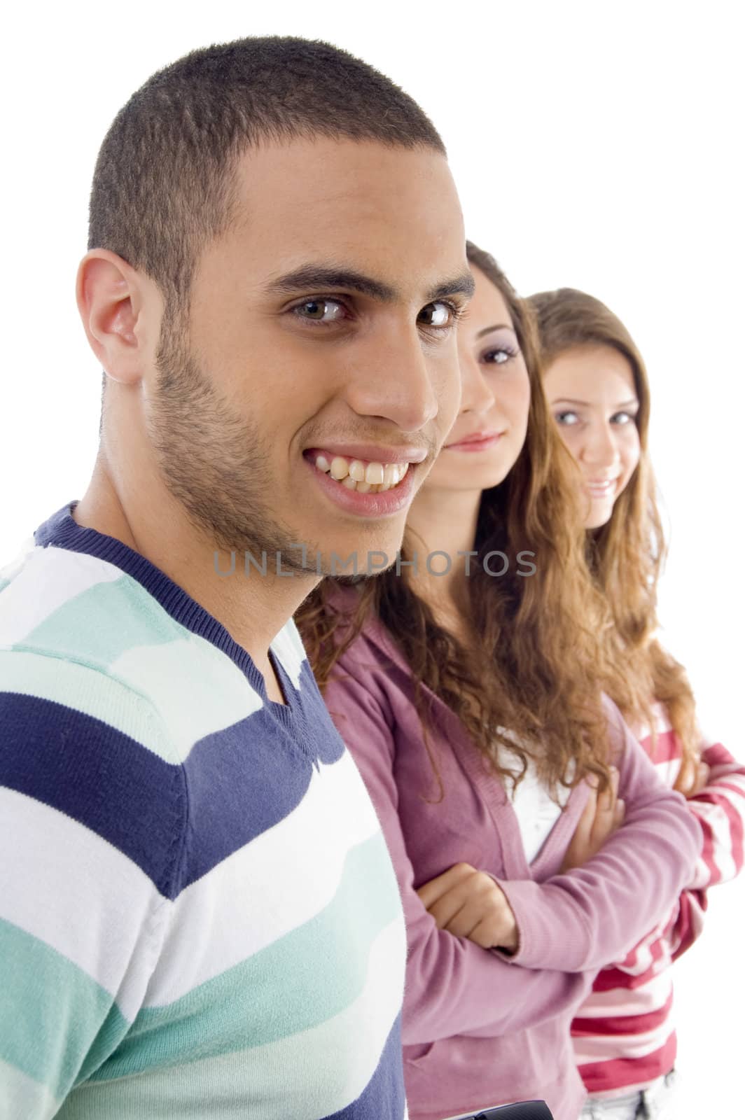 portrait of young students posing together on an isolated white background