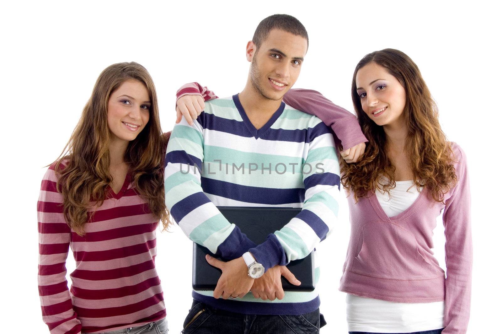 college friends standing together against white background