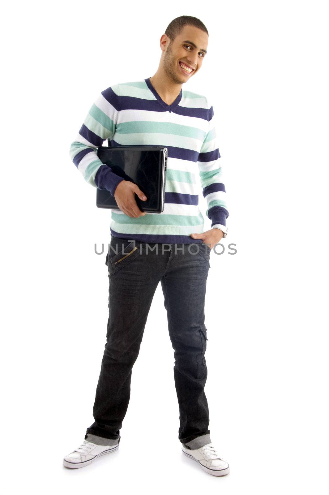college boy holding laptop with white background