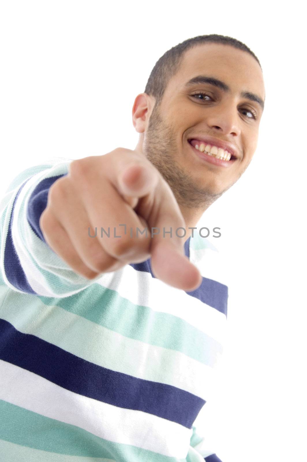 handsome male pointing towards with white background