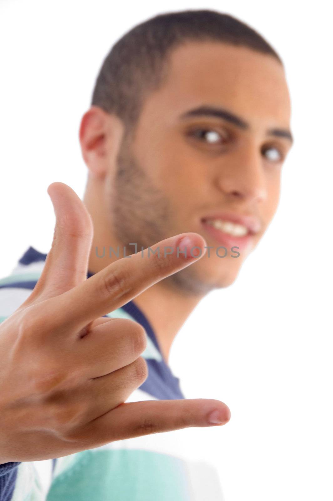 young guy showing rock hand gesture with white background