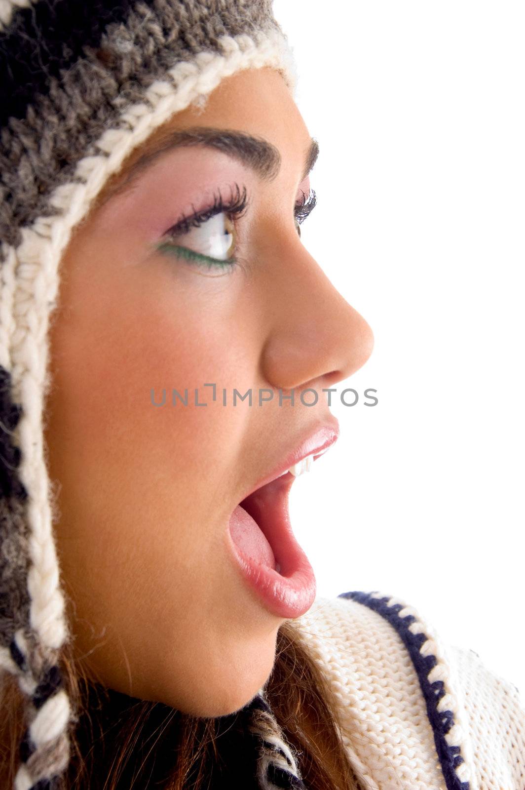 surprised face of young girl with white background