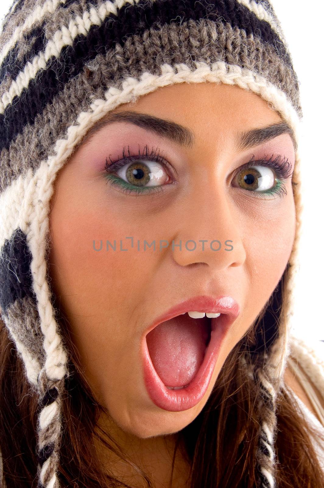 surprised face of young girl with white background