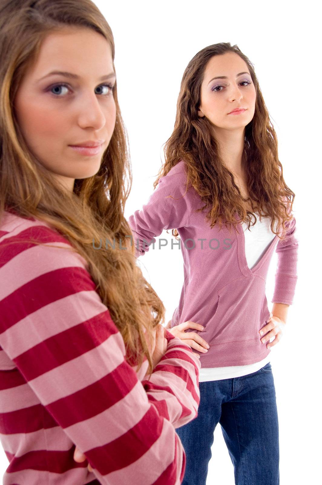young two friends standing together with white background