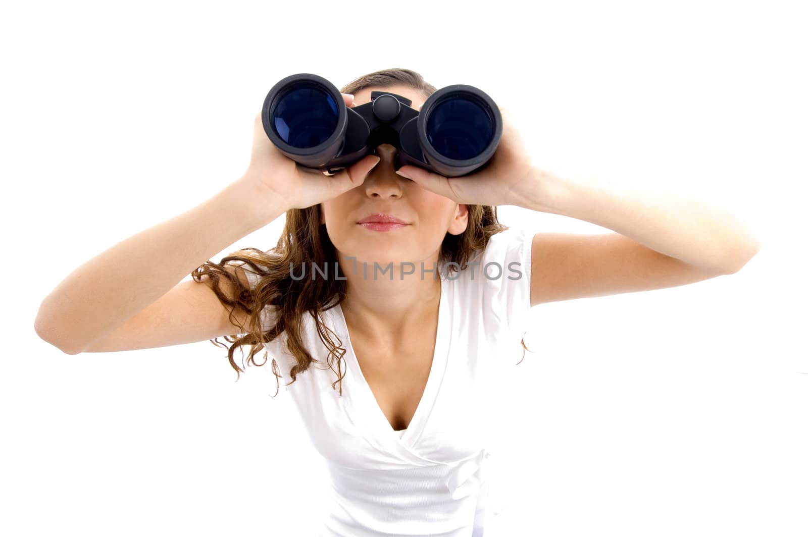 female looking upward through binocular on an isolated white background