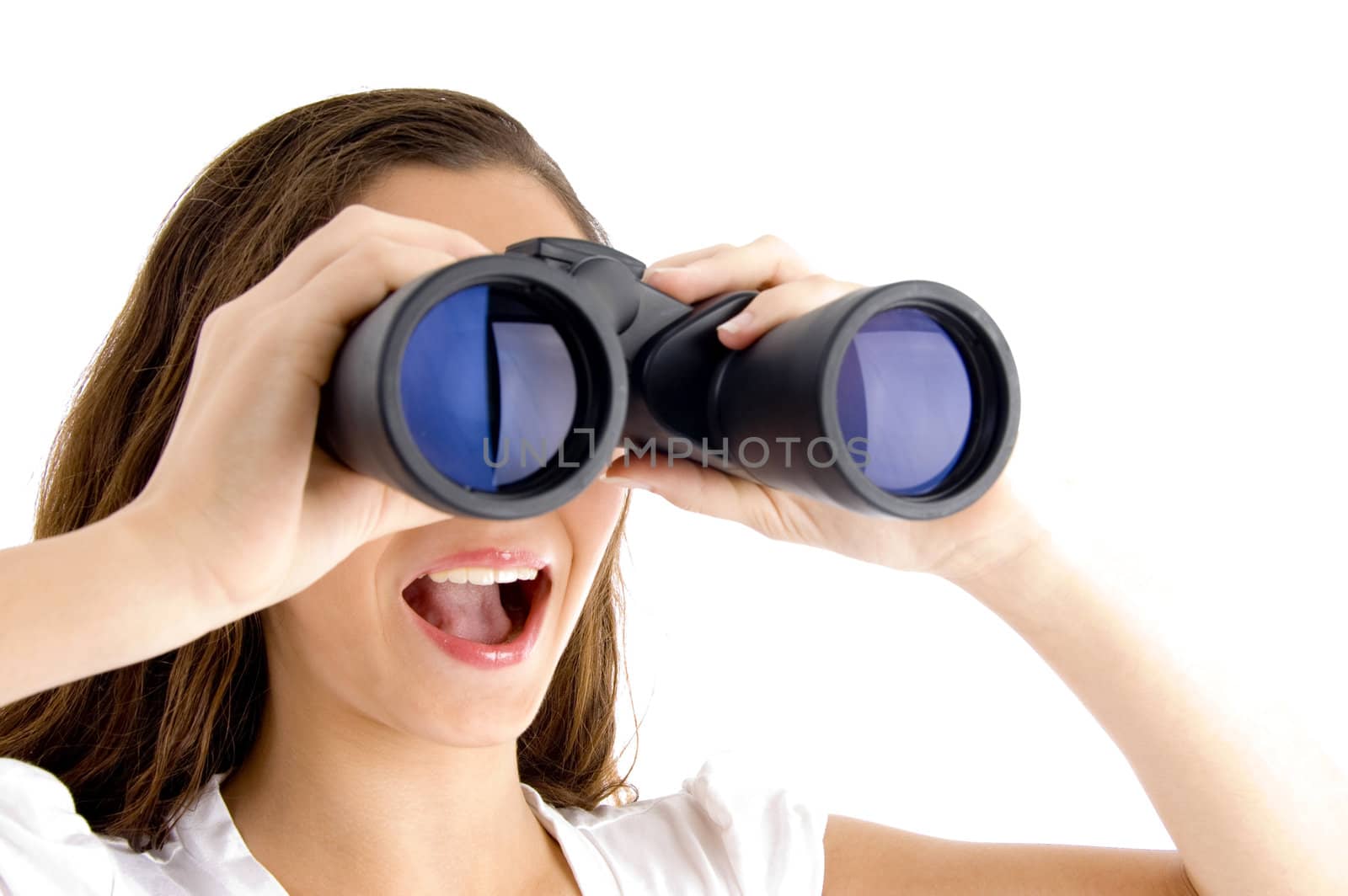 close up of female watching through binocular on an isolated white background