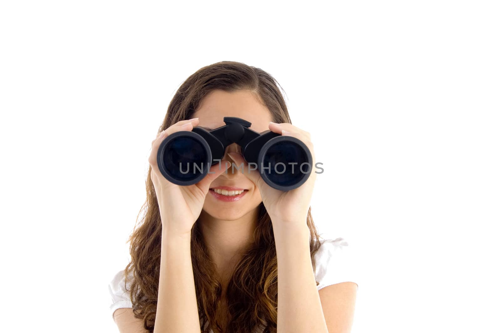 smiling female watching through binocular by imagerymajestic