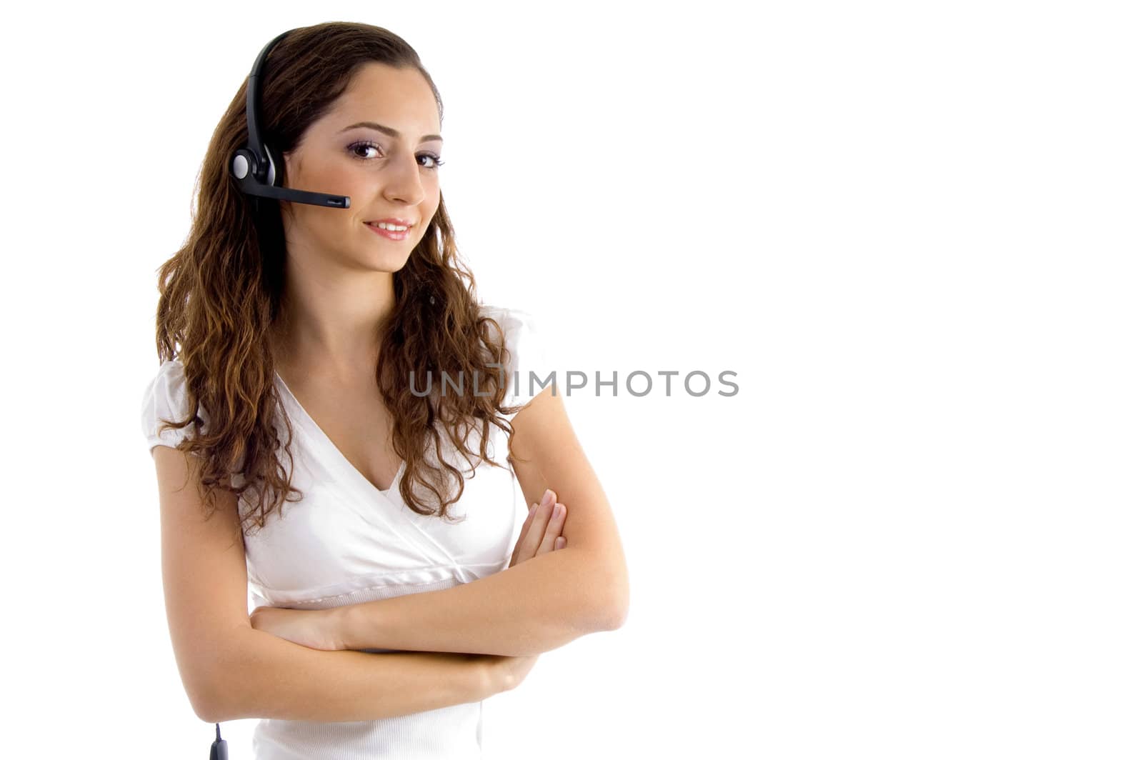 folded arm female talking on headphone by imagerymajestic