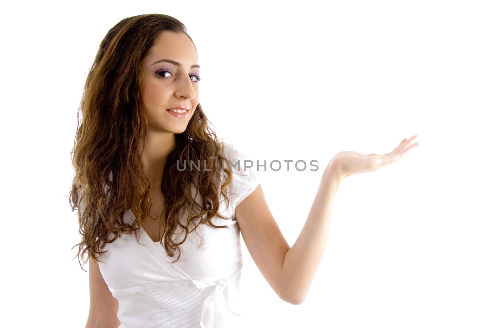 attractive female showing palm  on an isolated background