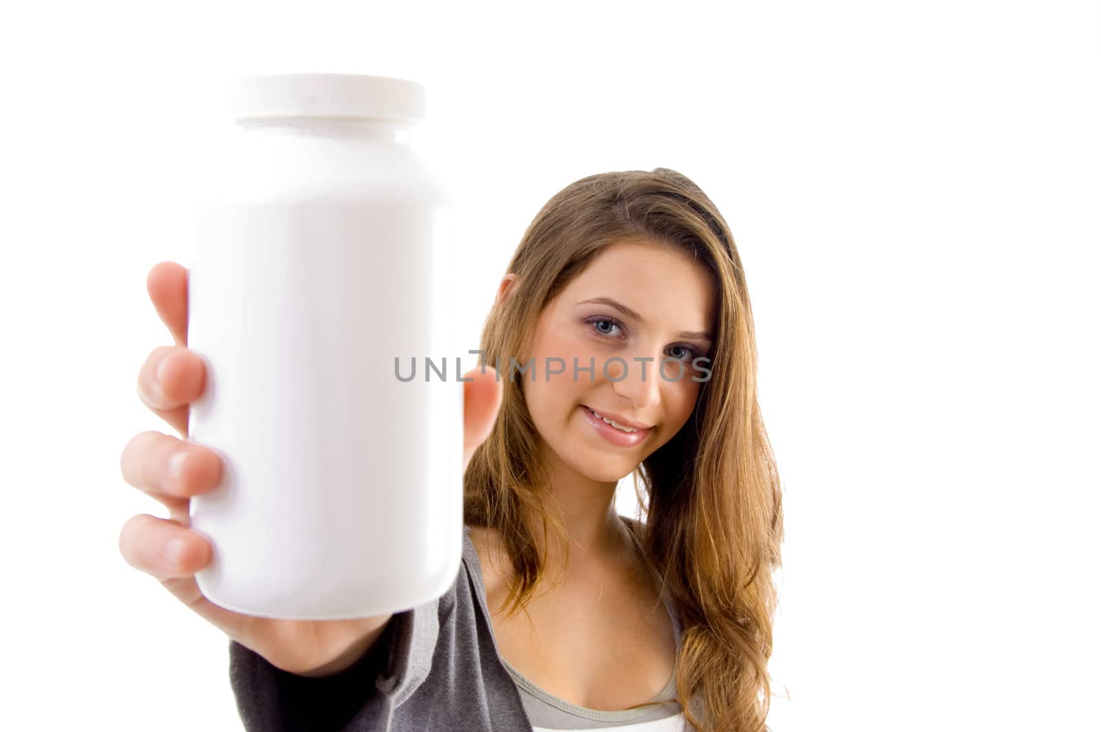 beautiful female showing white bottle with white background