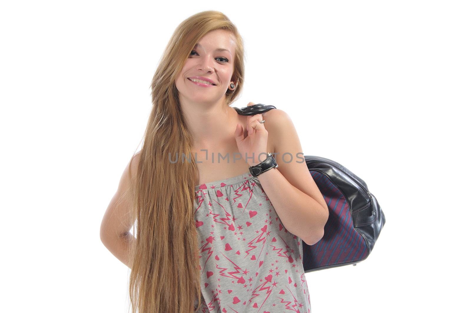 long-haired beautiful girl 16-17 years with road bag, isolated on a white background