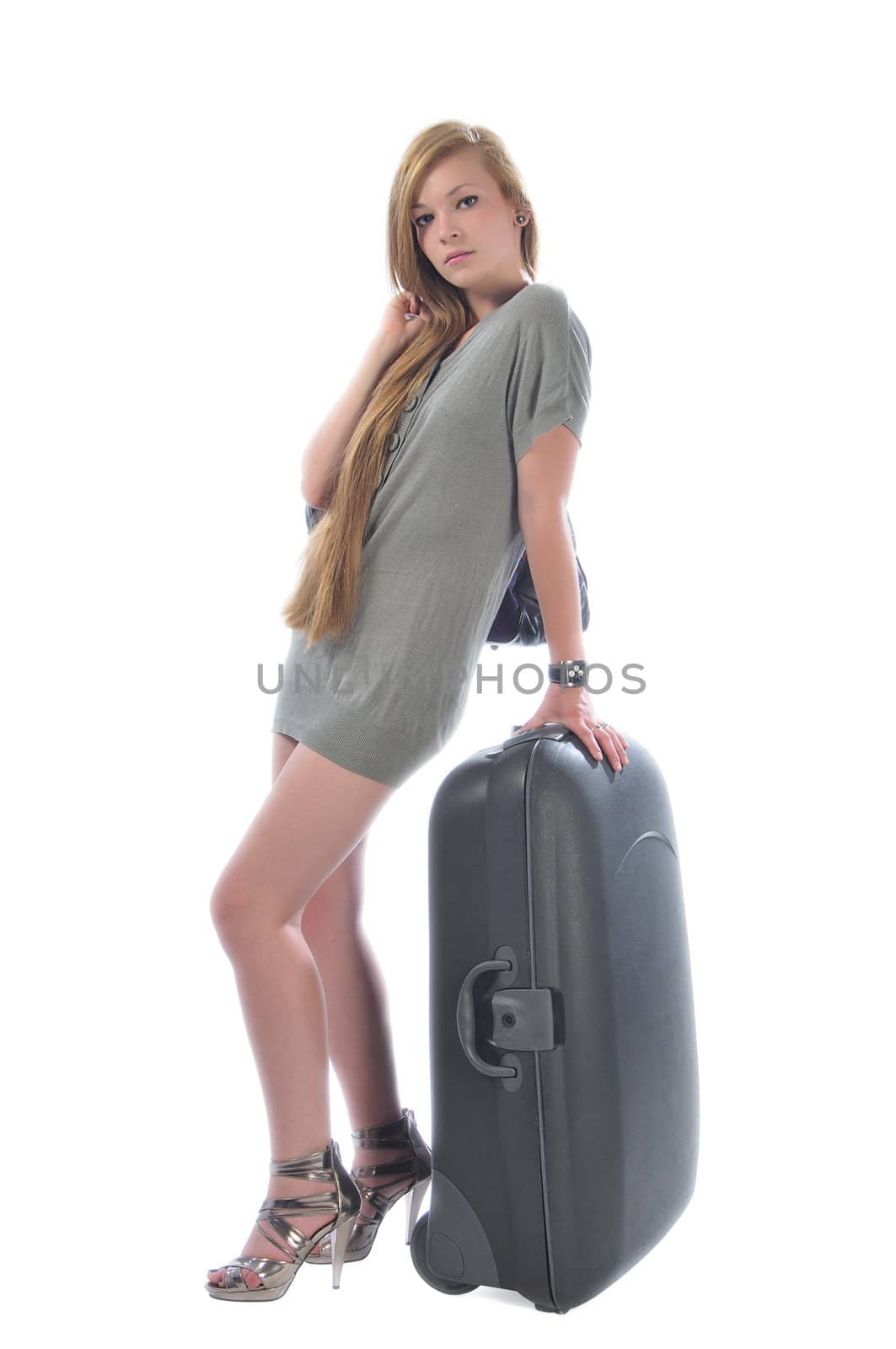 Girl with luggage, ready for travel