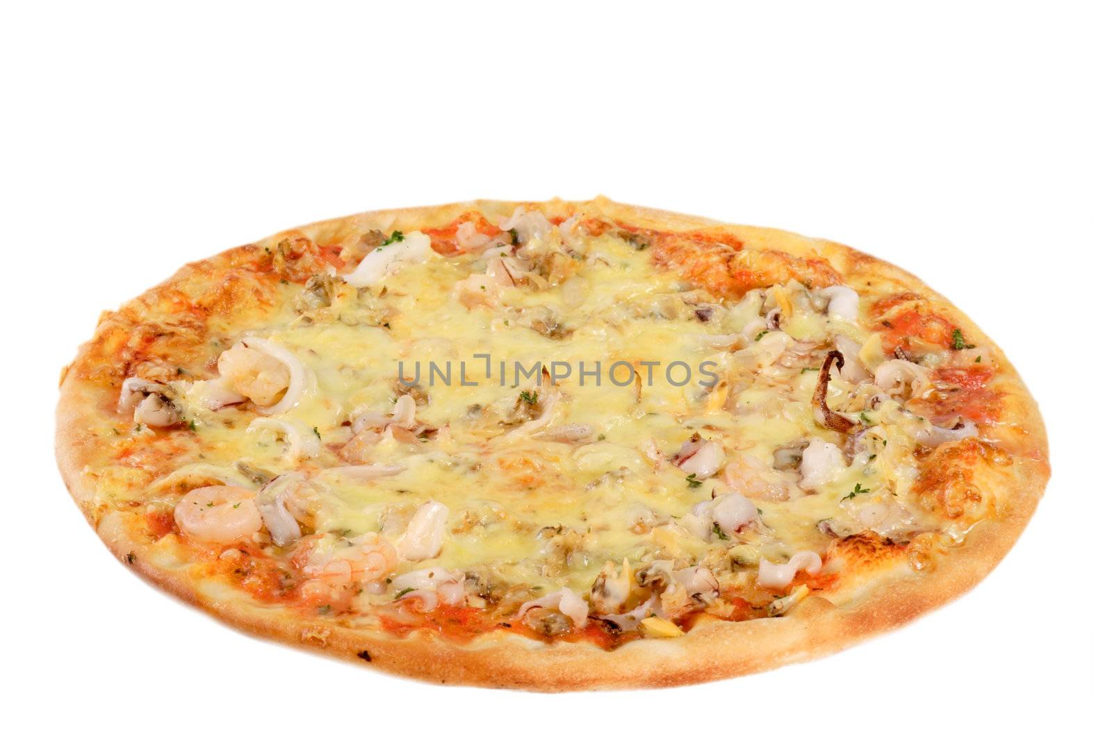 Pizza with seafood - isolated on white background