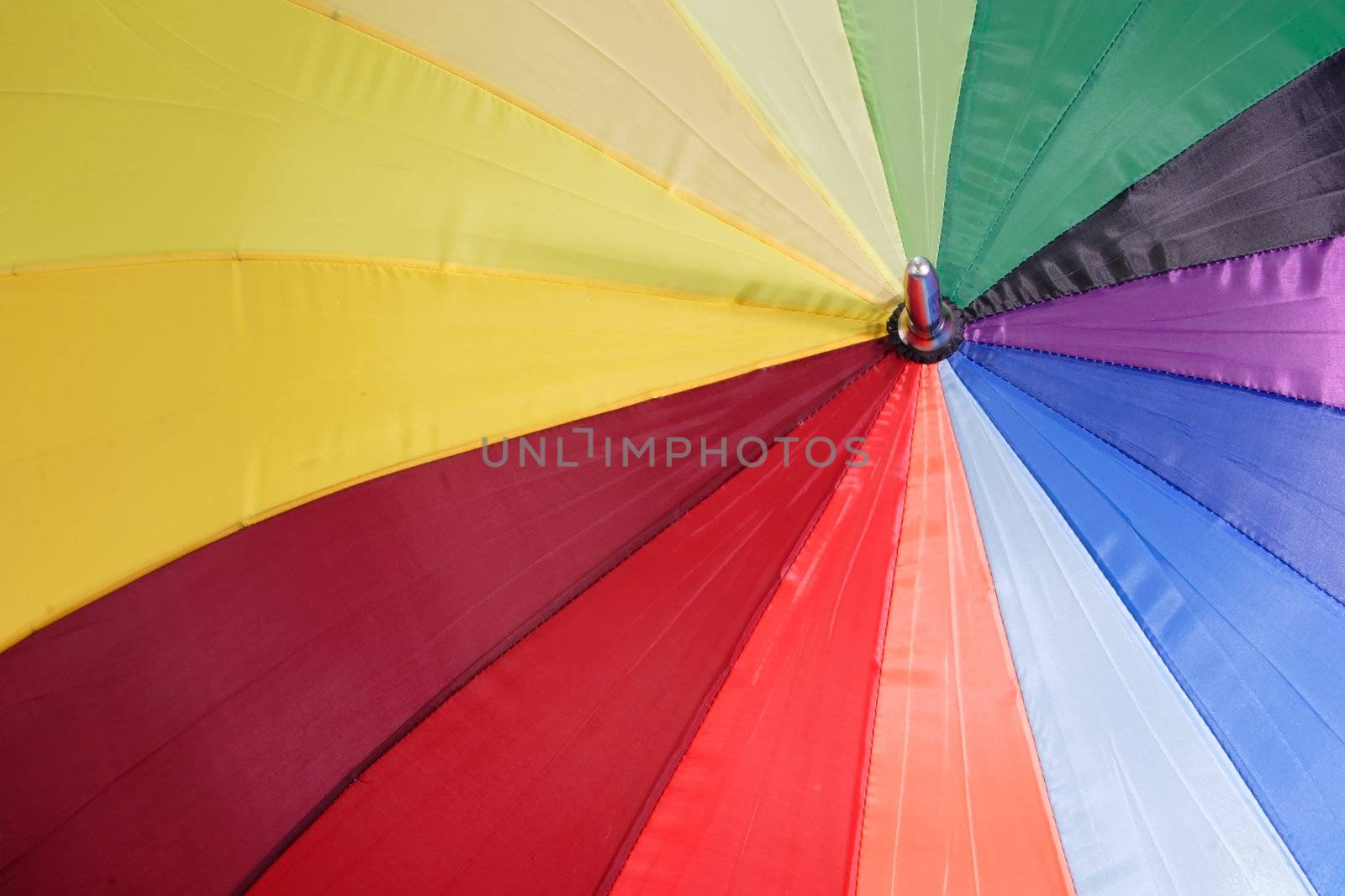 Close up of a rainbow coloured umbrella