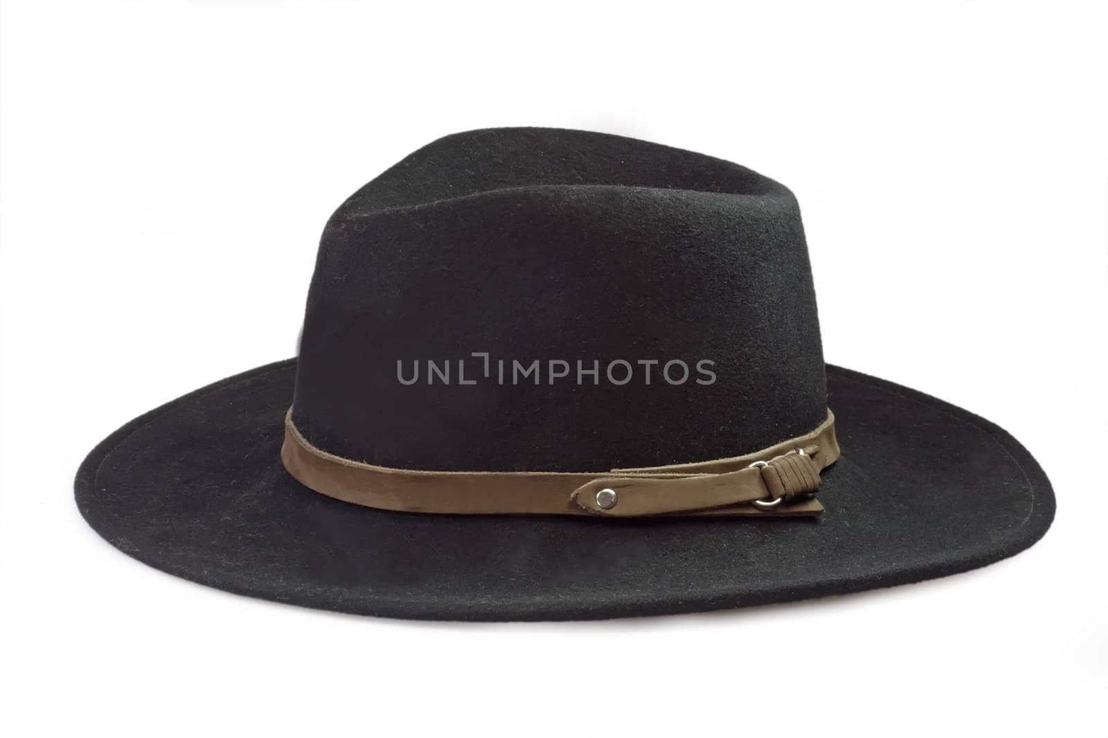 A black, men's hat on a white background.
